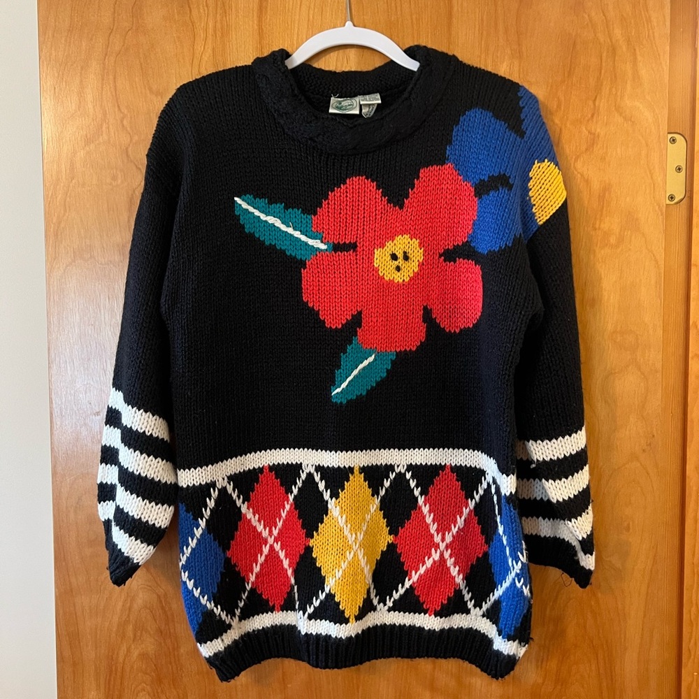 Colter Bay International Vintage Sweater Big Poppy Flowers Floral Argyle Medium